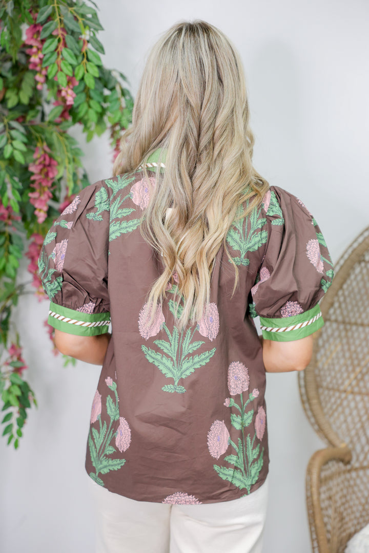 Floral Print Bubble Sleeve Top "Brown"
