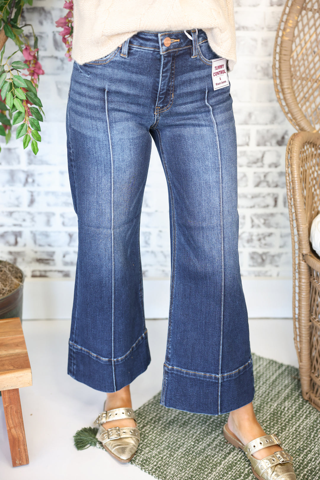 Risen - TC Mid Rise Crop Wide Pintuck Front Jeans "Deep Blue"