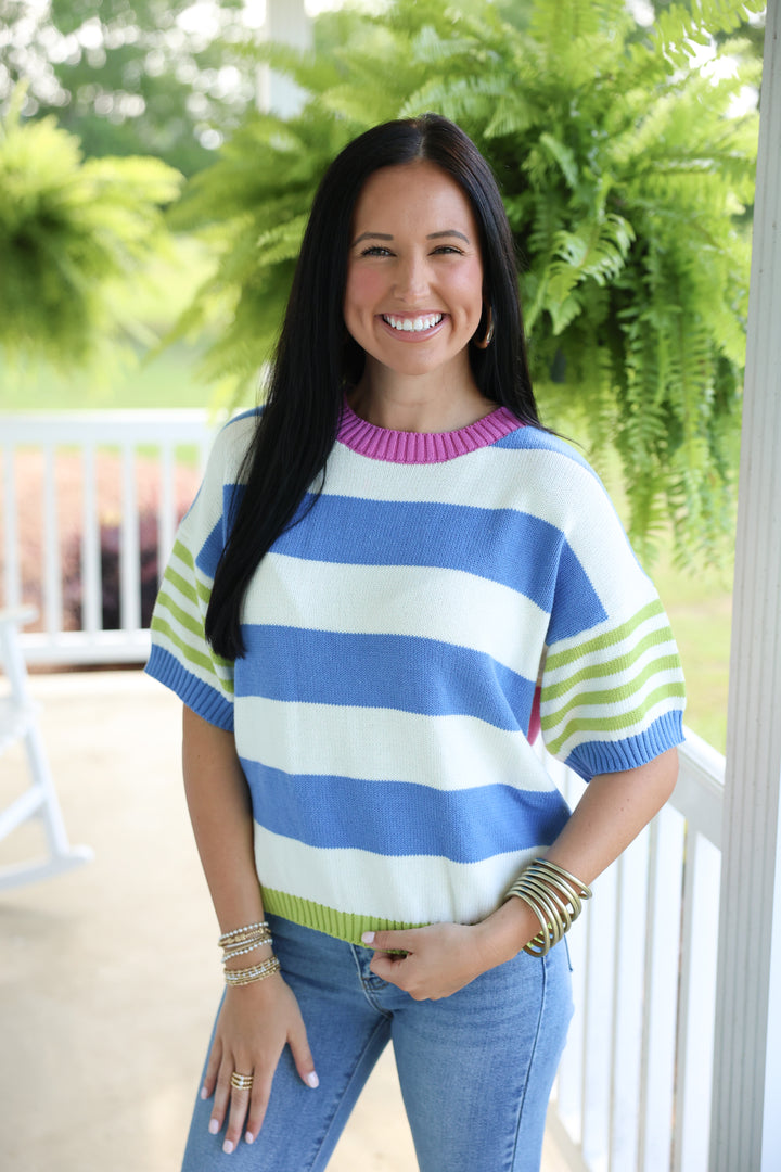 Playful Summer Multi Stripe Cotton Sweater "Electric Blue/Lime"