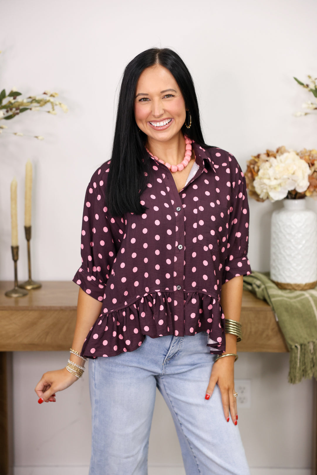 Polka Dot Short Sleeve Button Down Top "Wine/Pink"
