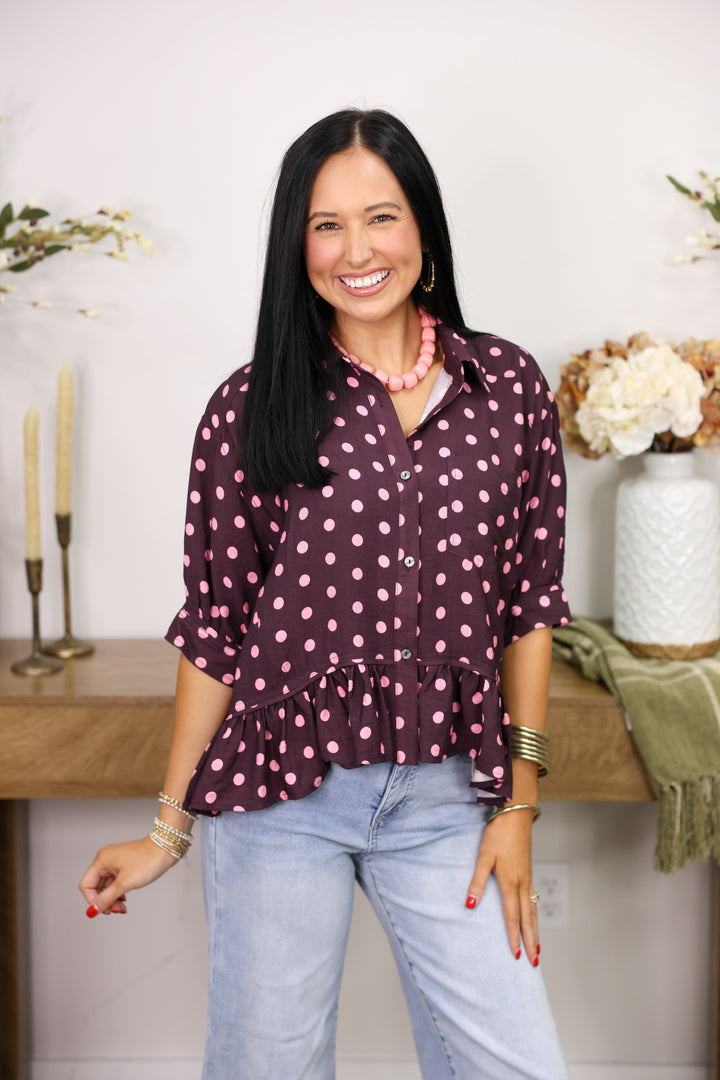 Polka Dot Short Sleeve Button Down Top "Wine/Pink"