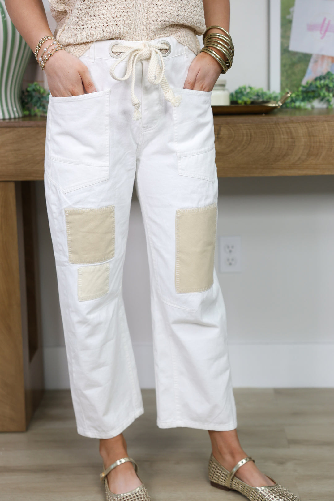 Tan Patched Off White Barrel Pants