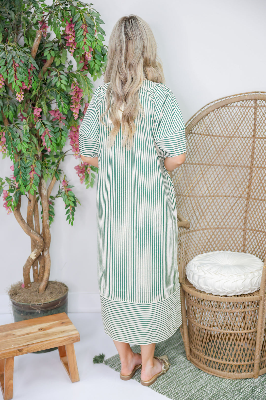 Stripe Pattern Midi Dress "H Green"