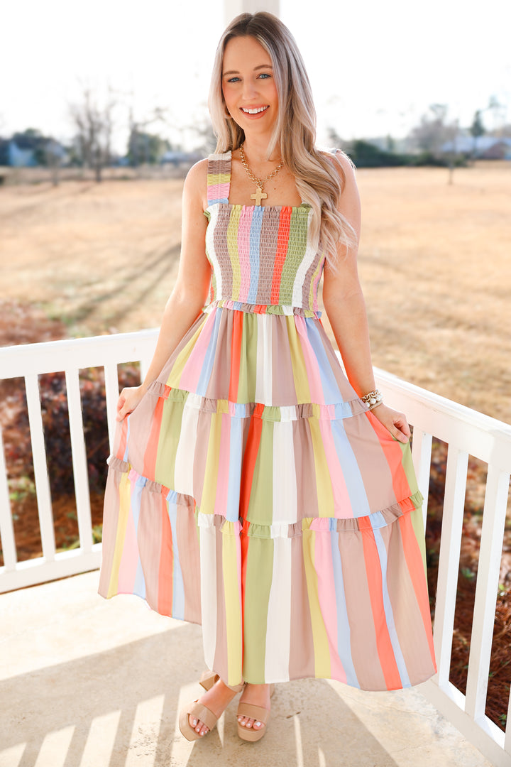 Sassy Striped Midi Dress "Pastel Multi"