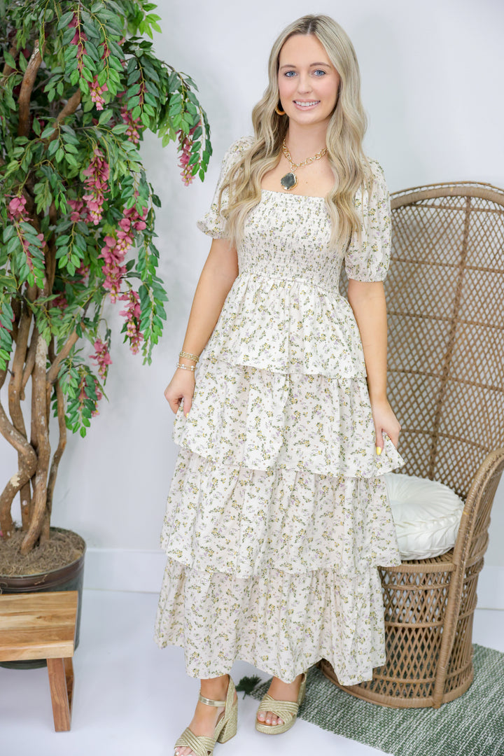 Fall Floral Smocked Midi Dress "Vanilla"