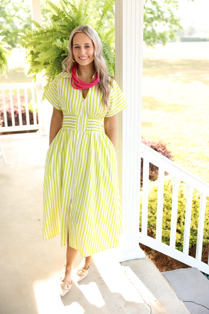 Gracious Stripes Zipper Midi Dress "Lime"