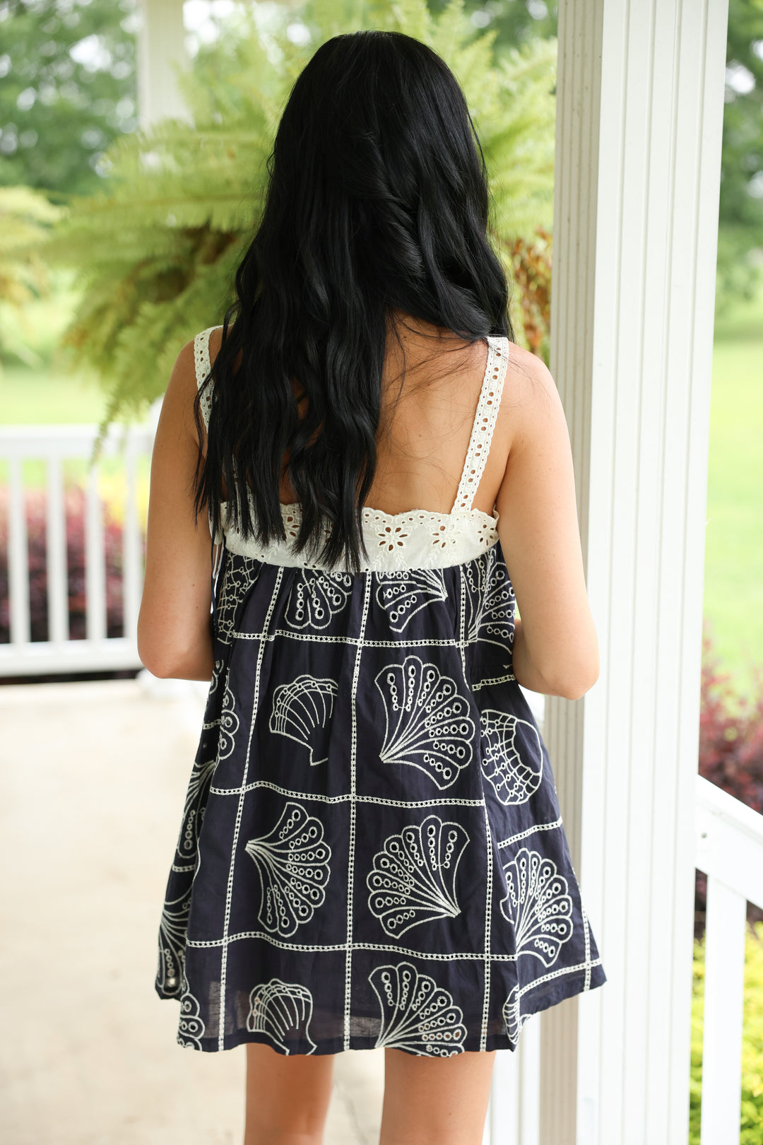 Eyelet Lace Trim Babydoll Mini Dress "Navy"