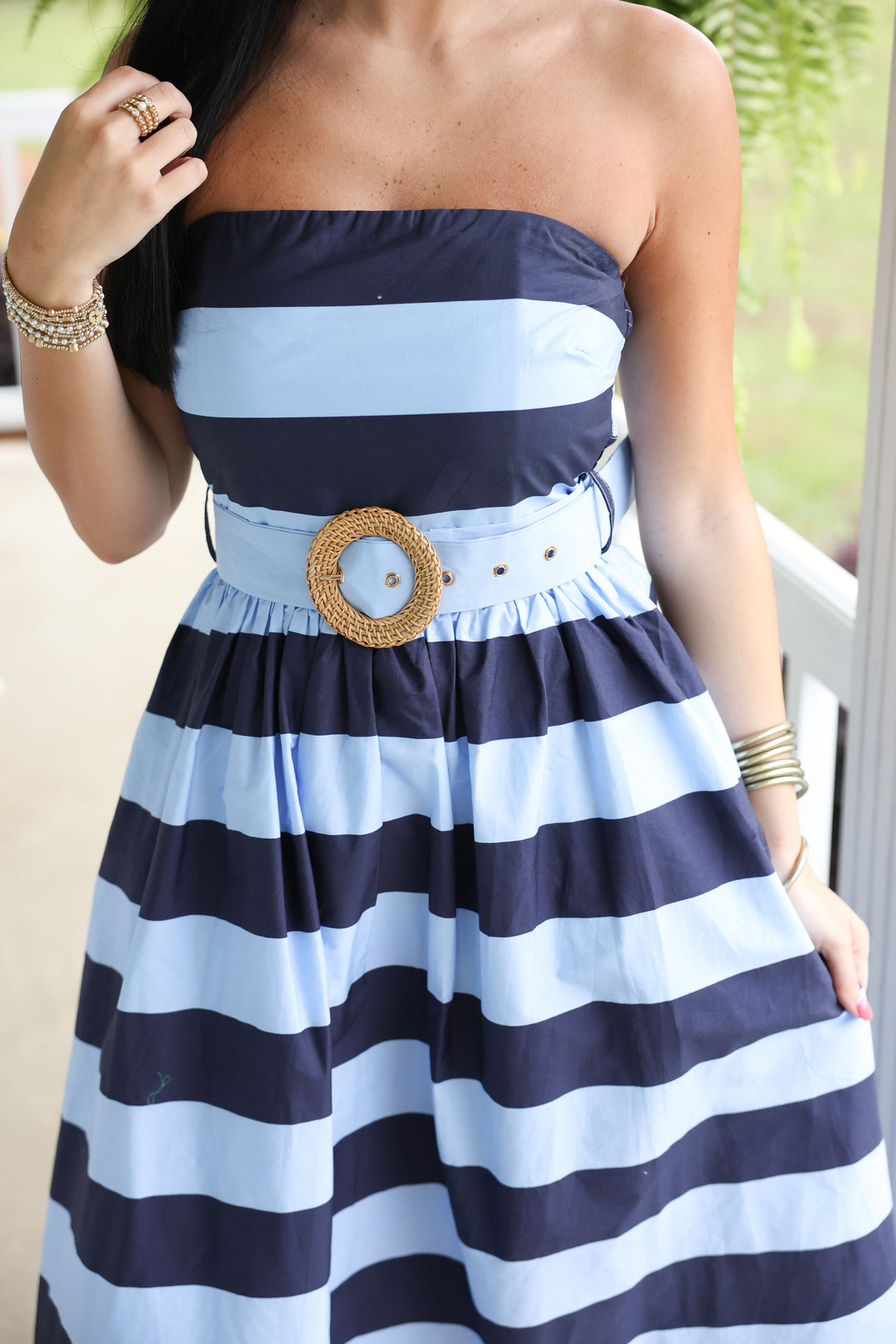 Sunshine Stripes Strapless Midi Dress "Navy"