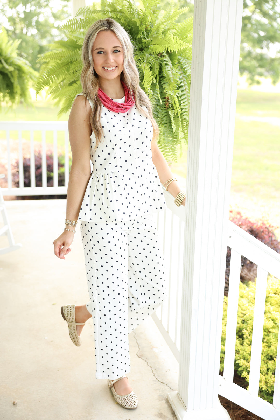 Polka Dot Peplum Hem Detail Top "Off White"