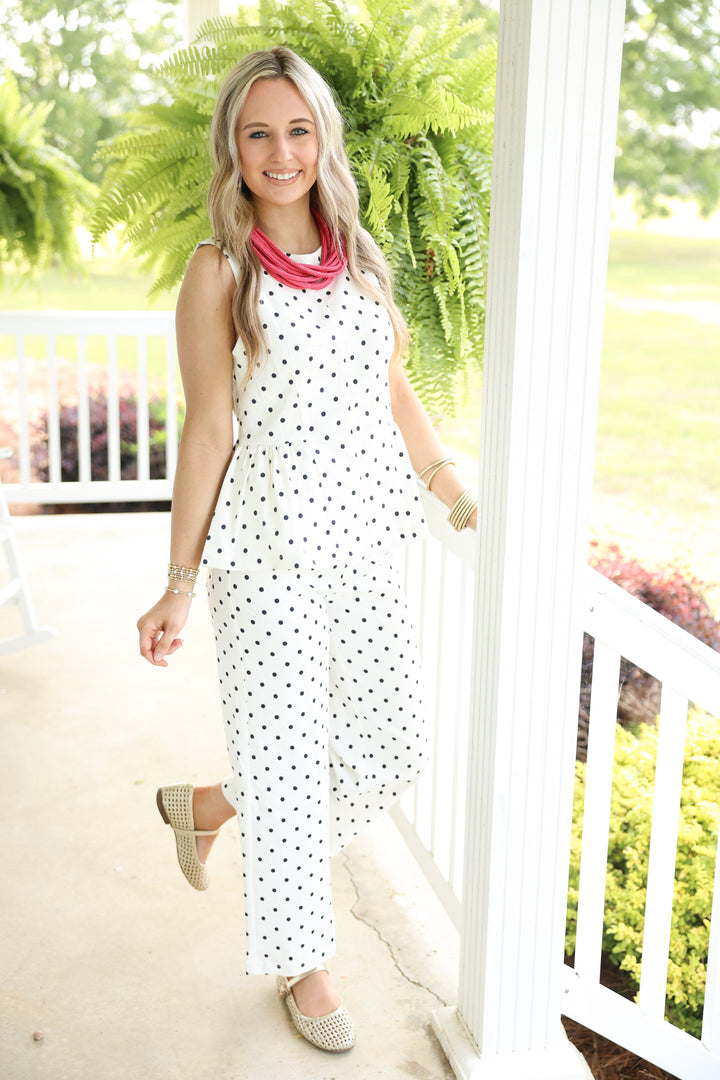 Polka Dot Peplum Hem Detail Top "Off White"