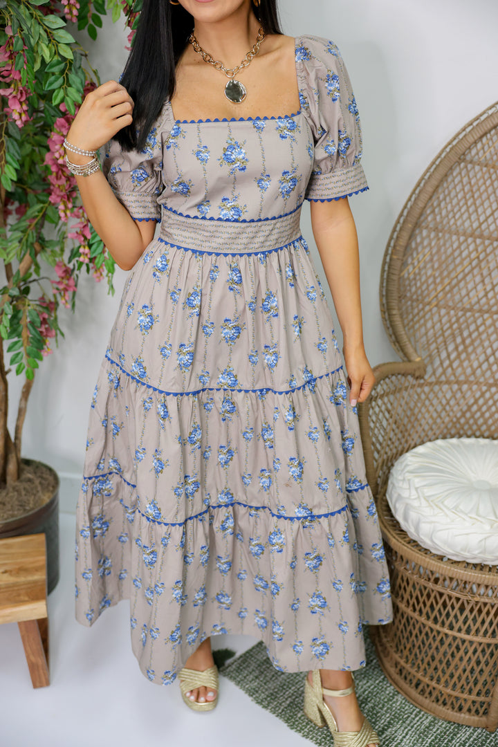 Floral Wavy Trim Detail Maxi Dress