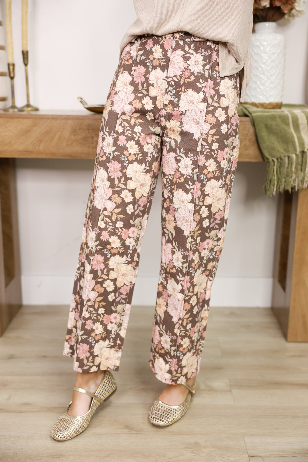 Brown Floral Printed Pants