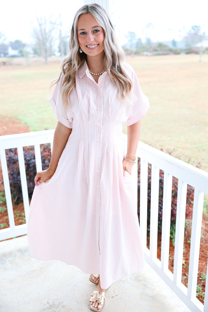 Stripe Print Pintuck Midi Dress "Pink"