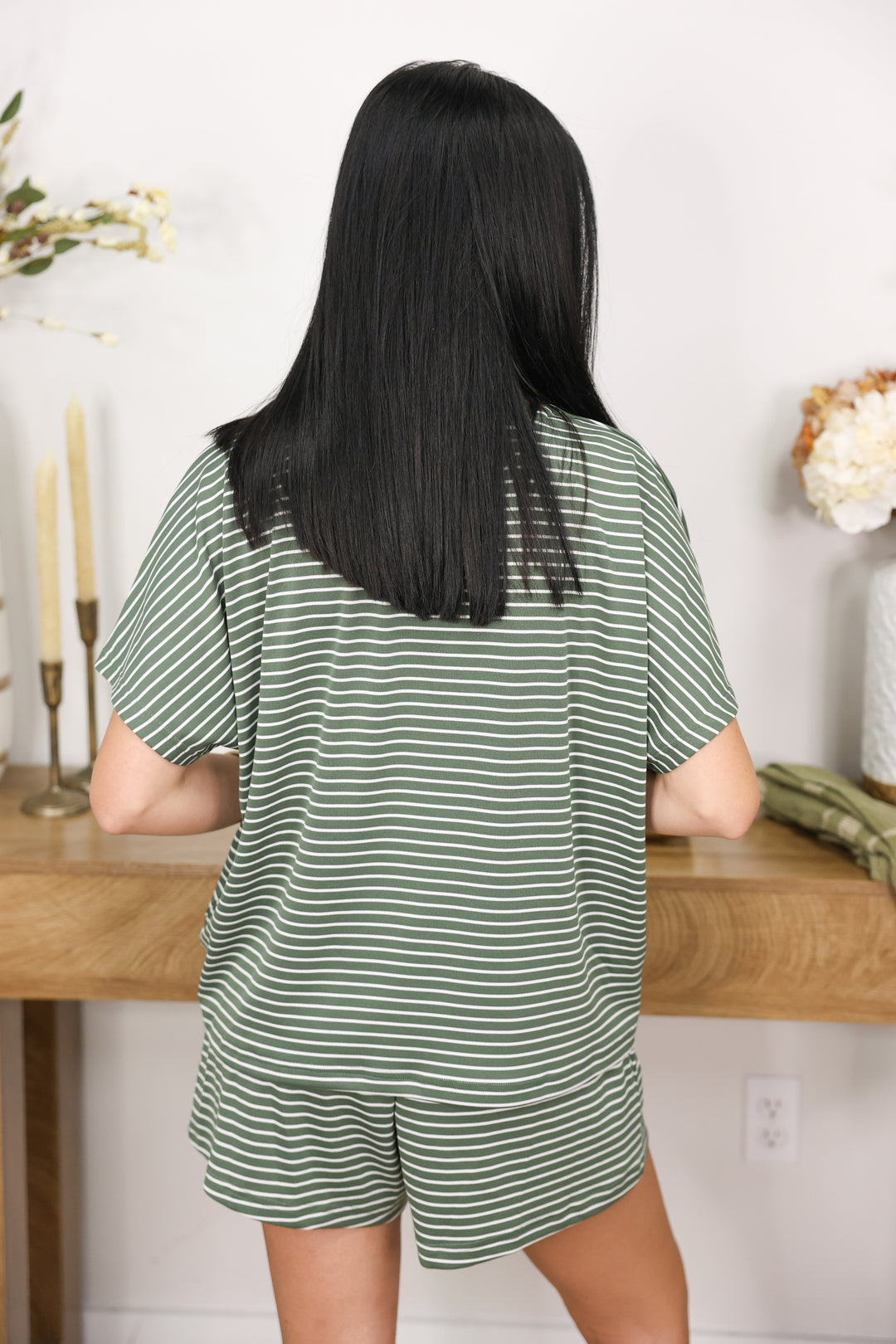 Loose Fit Stripe Knit Top & Shorts Set "Olive/Brown"