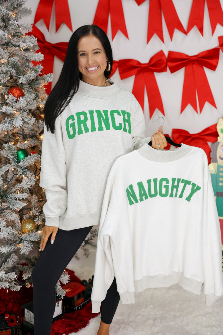 'Grinchy & Naughty' Print Reversible Mock Neck Sweatshirt