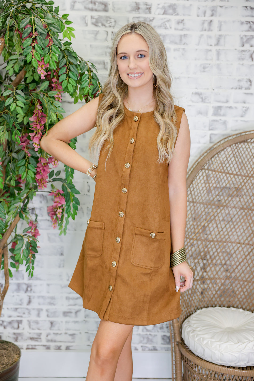 Sleeveless Button Down Suede Shift Dress "Camel"
