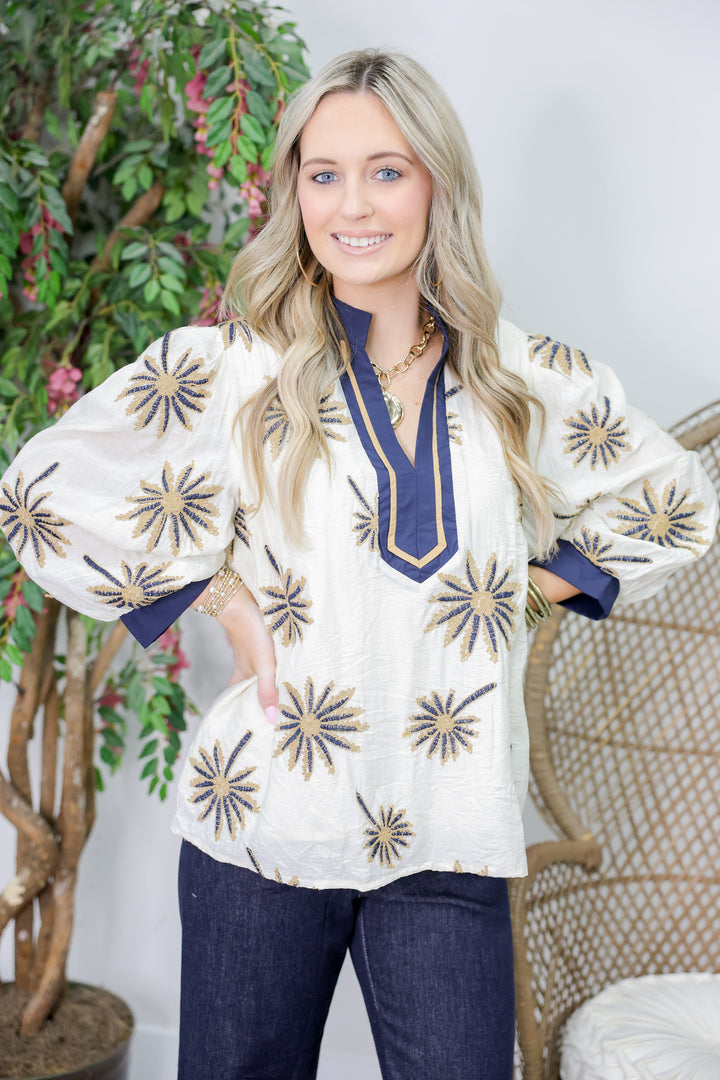 Botanical Embroidery 3/4 Puff Sleeve Top "Ecru"