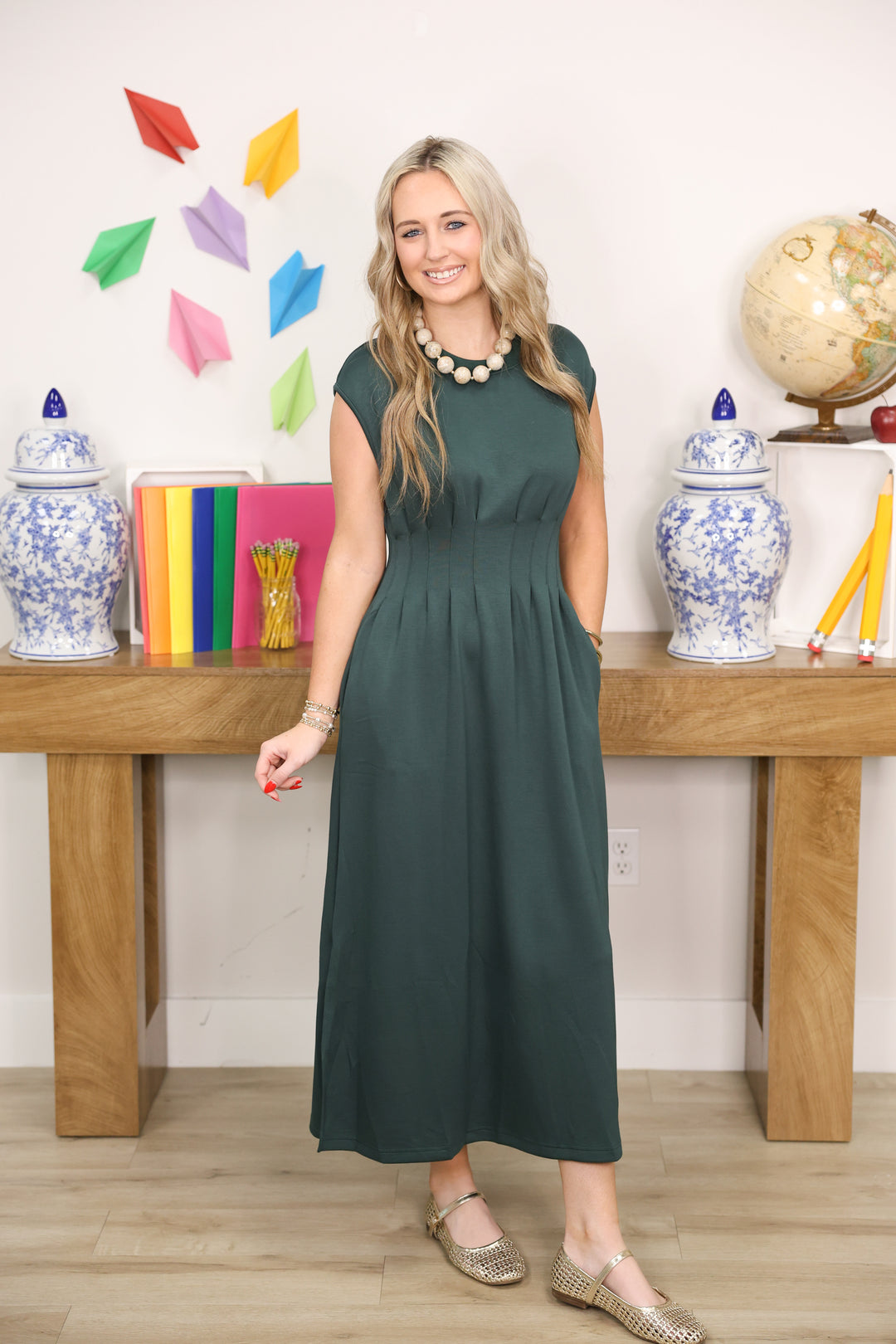 Solid Cap Sleeve W/ Pintuck Waist Midi Dress "Forest"