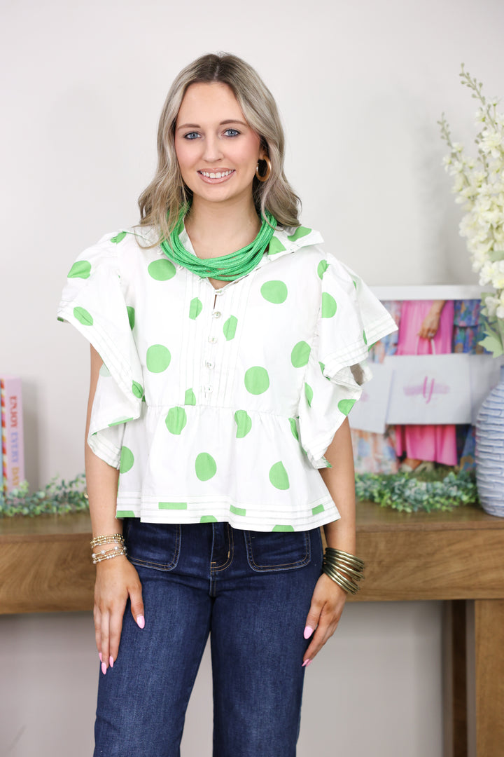 Polka Dot Ruffle Blouse Top "Ivory/Green"