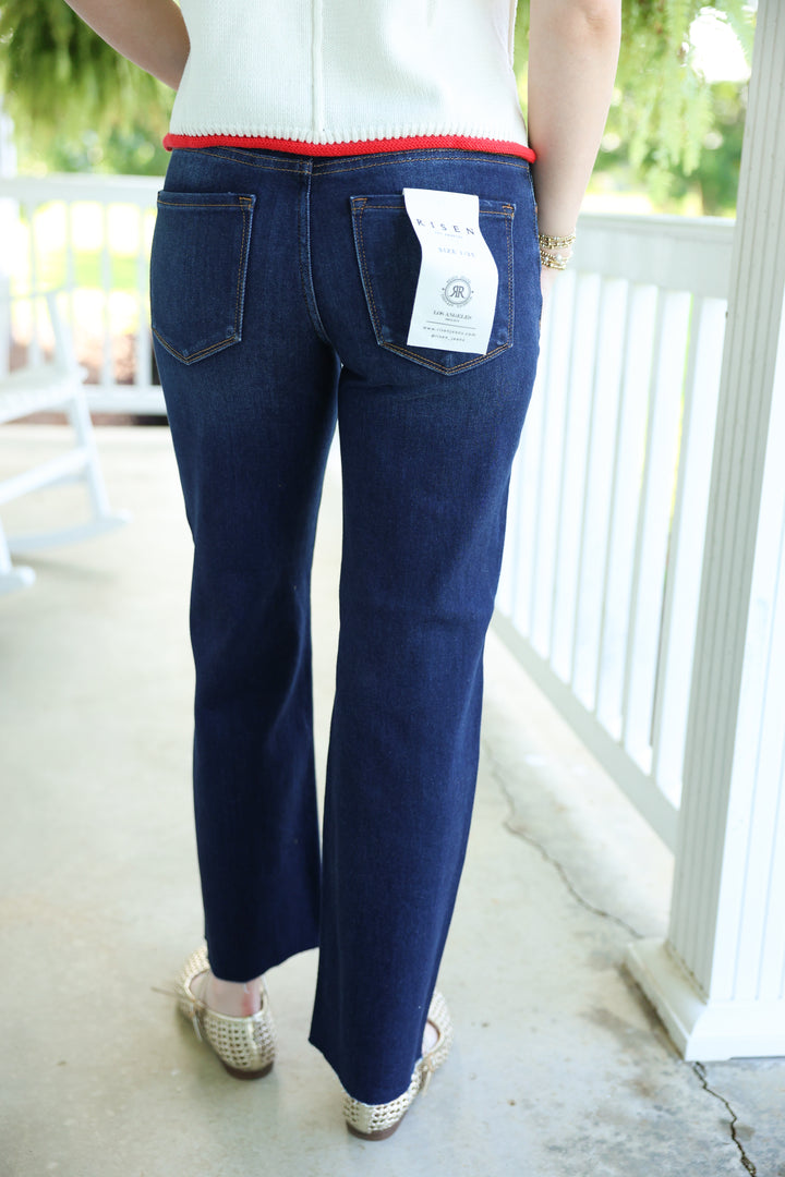 Risen - Mid Rise Crop Straight Clean Cut Hem Jeans "Deep Blue"