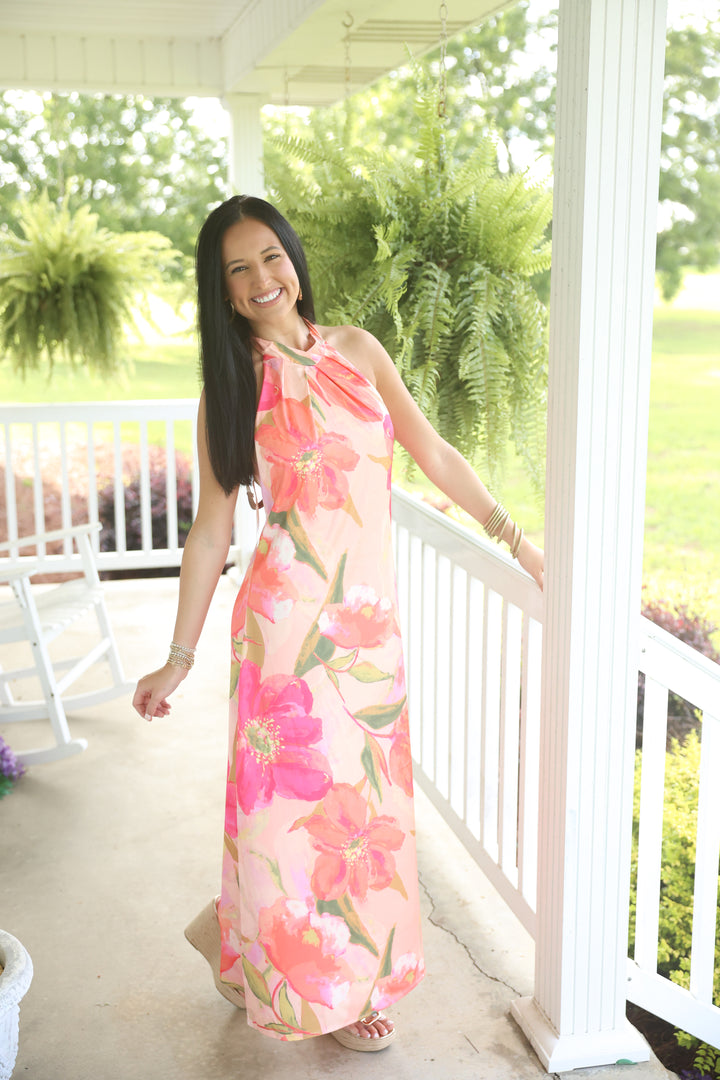 Pink Palms & Petals Halter Neck Midi Dress