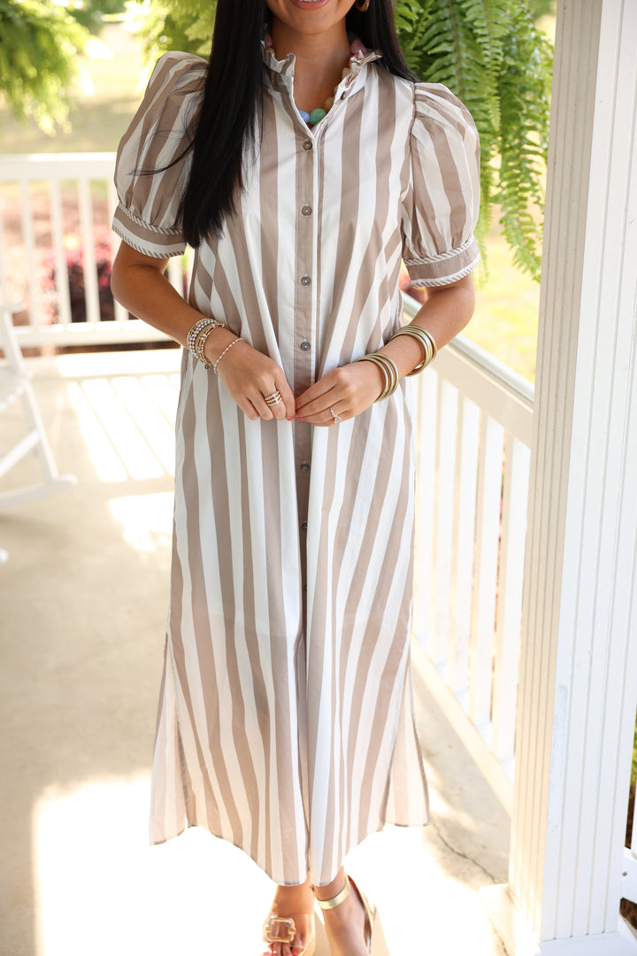 Seaside Striped Print Short Puff Sleeve Midi Dress "Taupe"