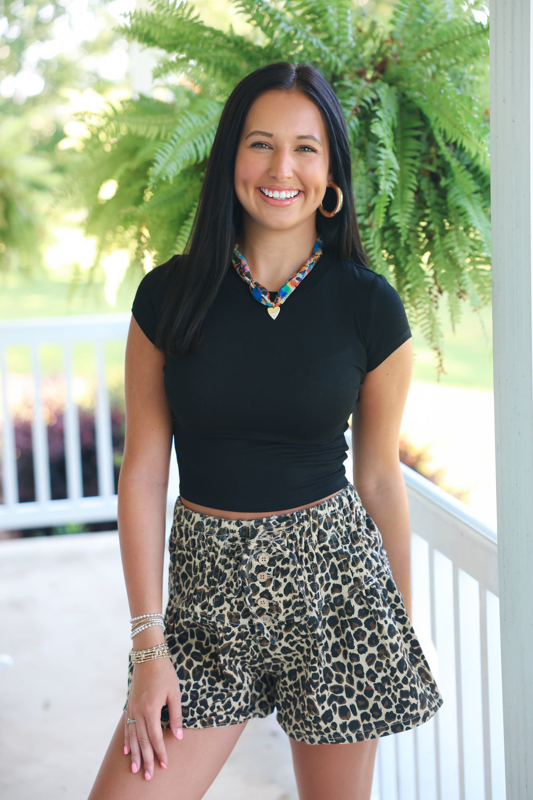 Leopard Twill Denim Pin-tucked Button Shorts