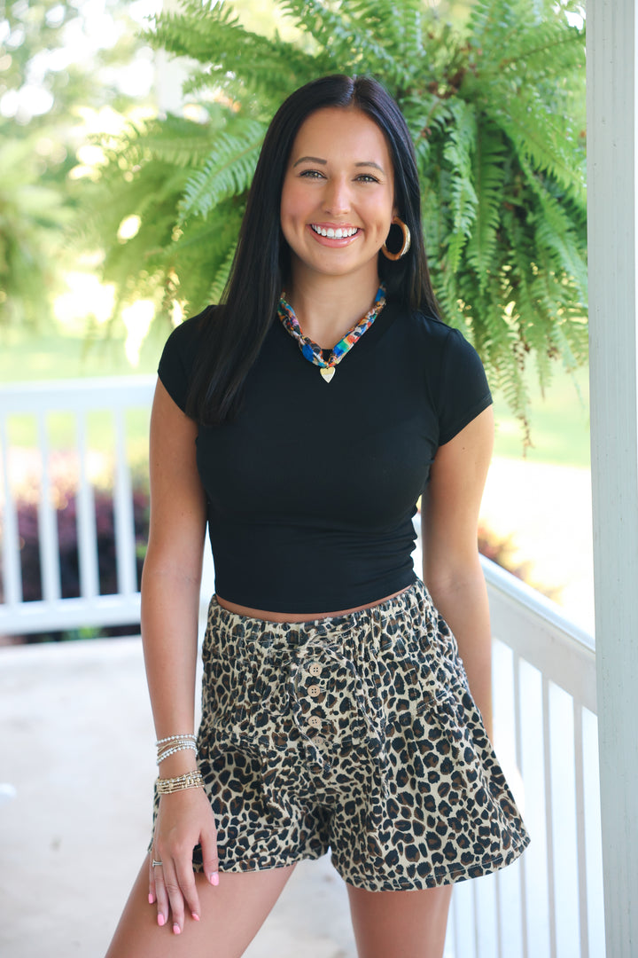 Leopard Twill Denim Pin-tucked Button Shorts