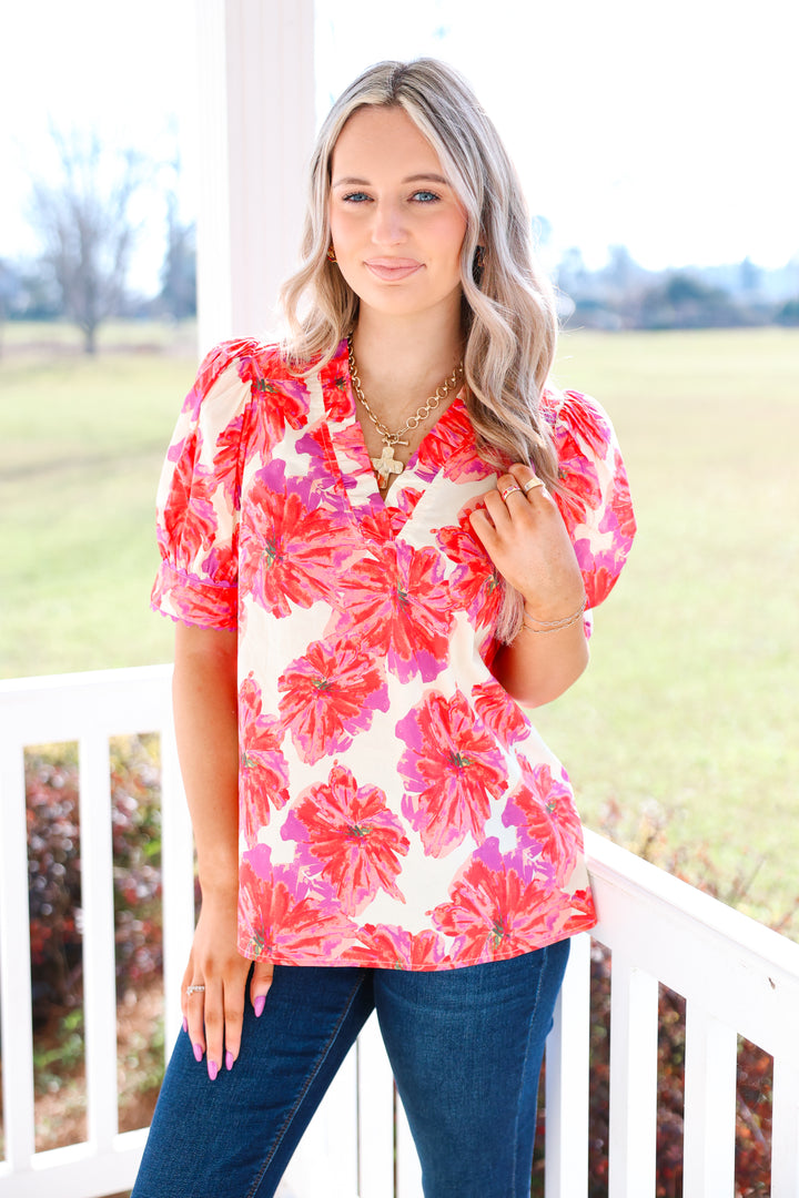 Twirl in Floral Top "Red/Pink"