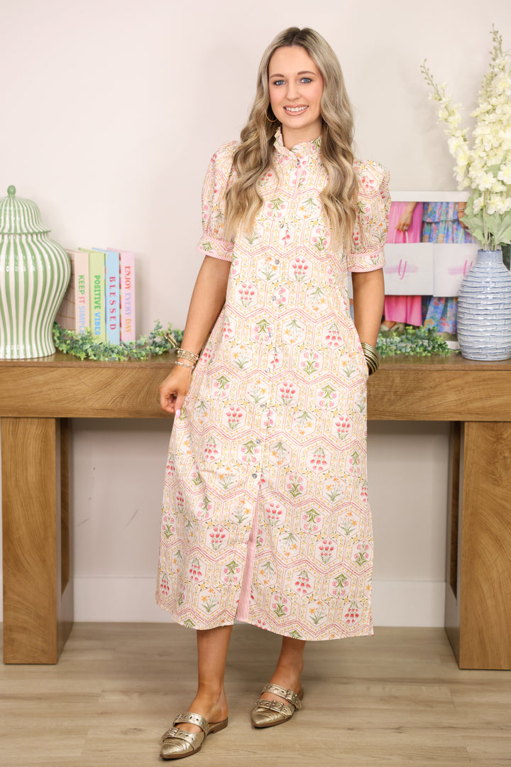 Tea Garden Floral Midi Dress "Pink"