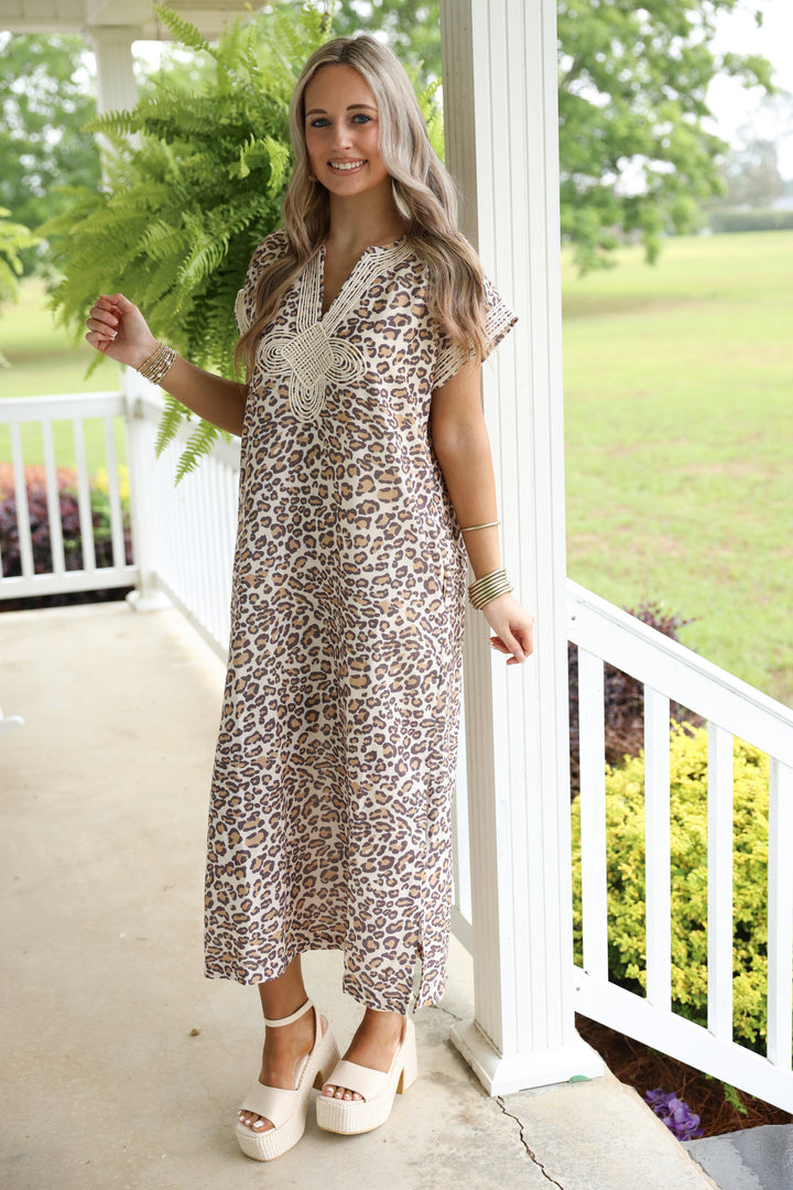 Leopard Print Midi Dress W/ Braided Applique