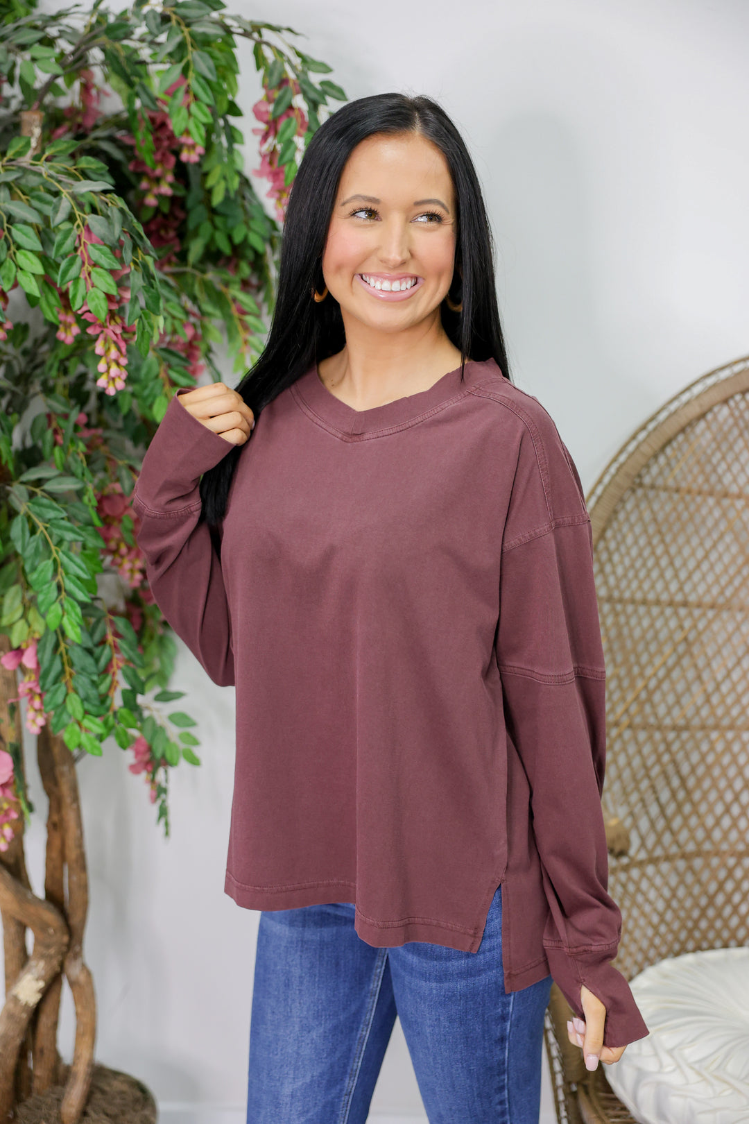 Pigment Washed V-Neck LS Top