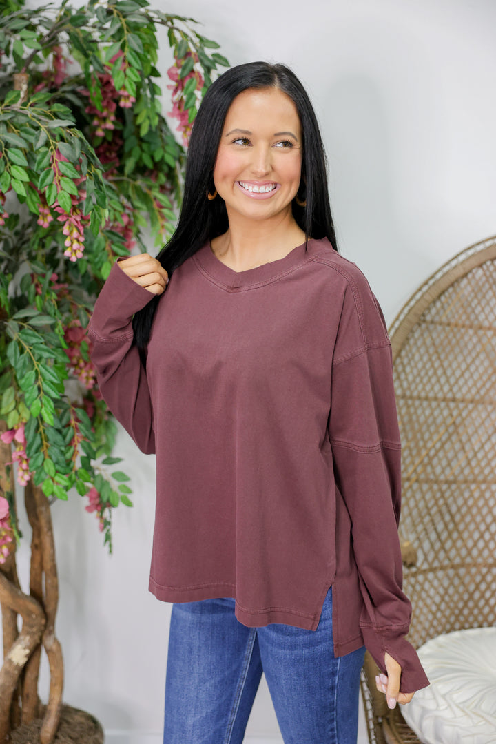 Pigment Washed V-Neck LS Top