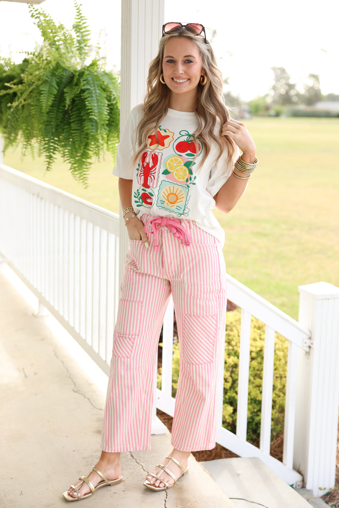 Cotton Braid Drawstring Waist Stripe Barrel Pants "Pink"