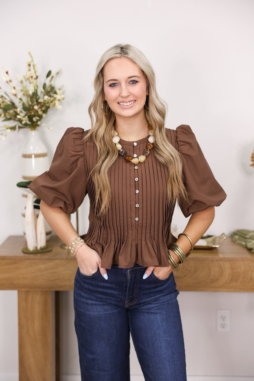Puff Sleeve Peplum Blouse "Brown"