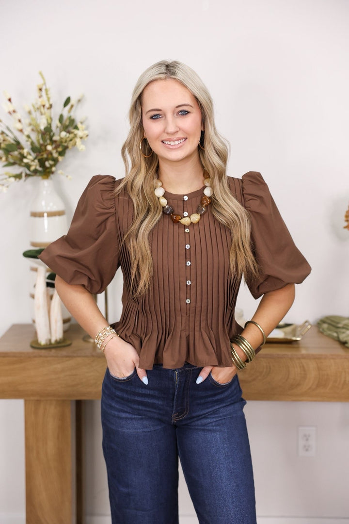 Puff Sleeve Peplum Blouse "Brown"