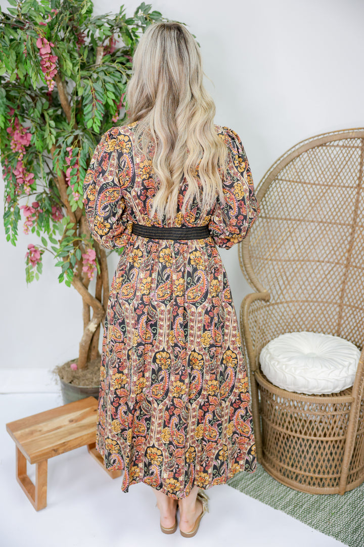 Paisley Print Puff Sleeve Midi Dress "Black"