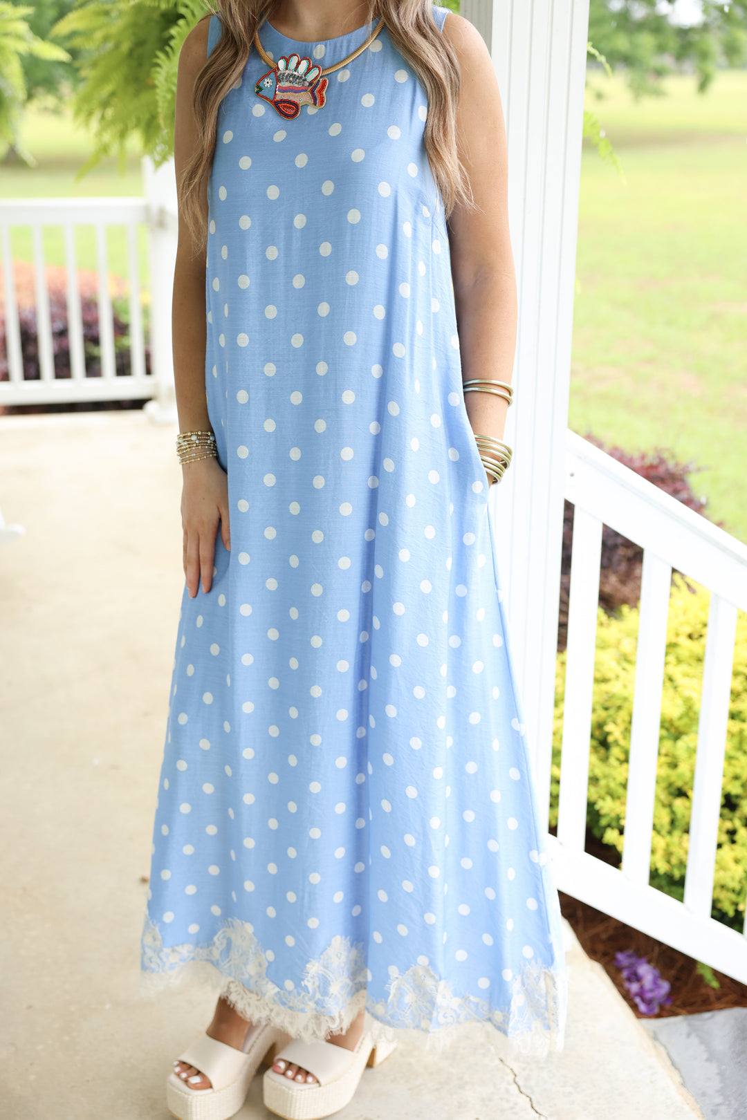 Polka Dot Sleeveless Midi Dress W/ Lace Trim Hem "Blue"