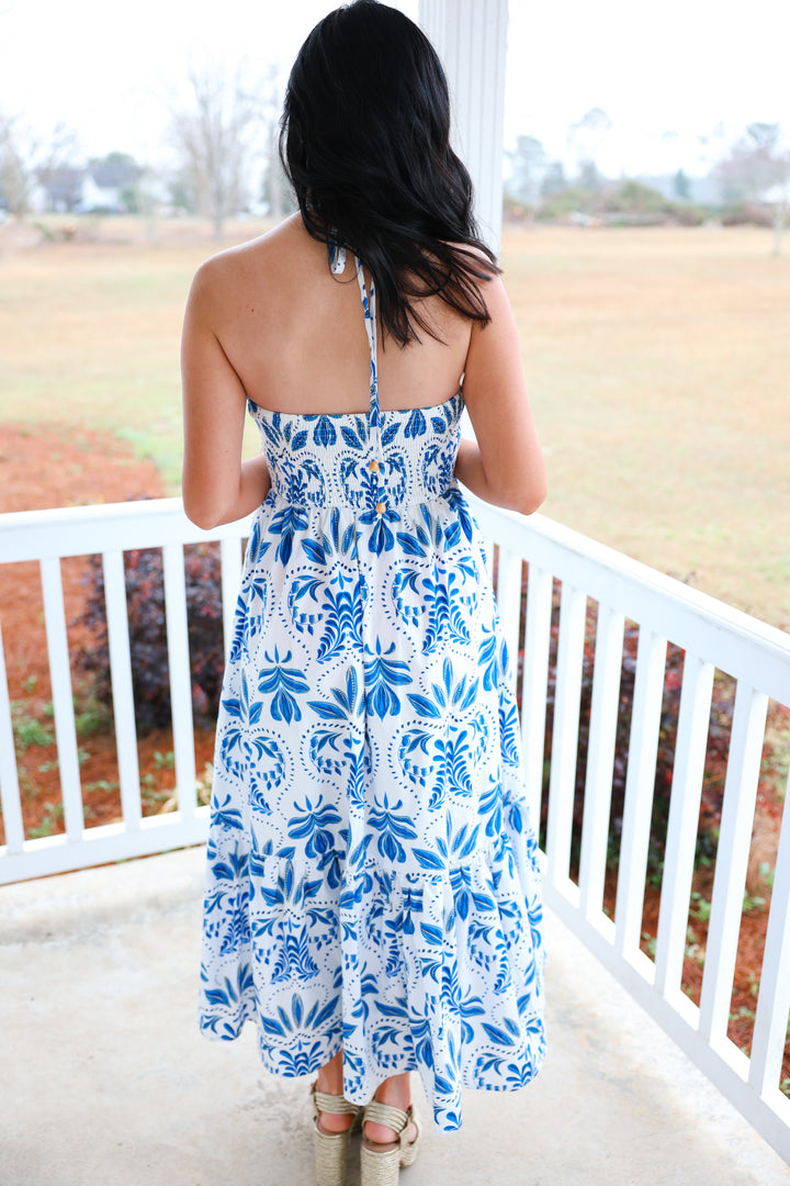 Happily Ever Halter Neck Dress "White/Blue"