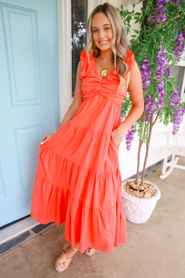 Poplin V-Neck Maxi Dress "Coral"