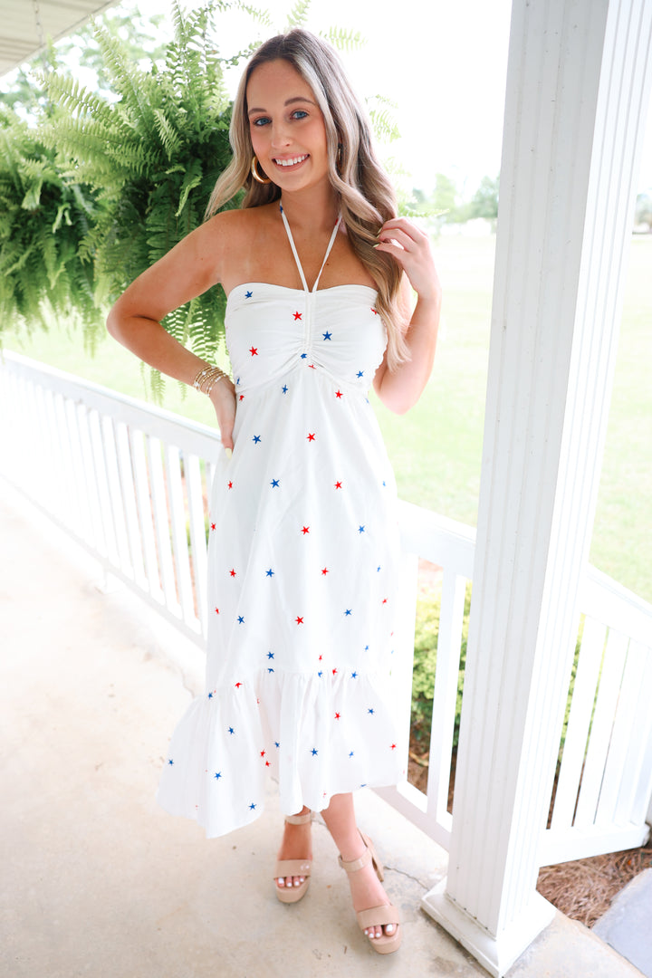 Star Embroidered Halter Midi Dress