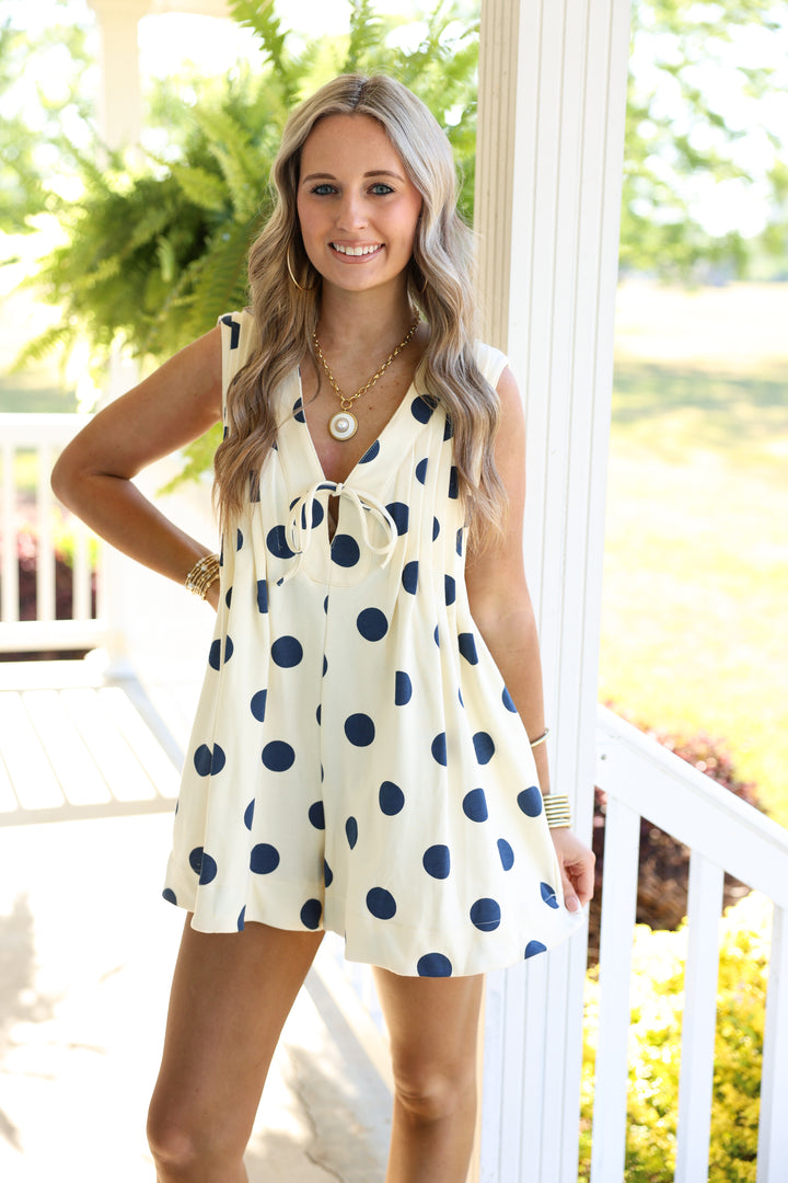 Polka Dot Pleated Romper "Navy Polka Dot"
