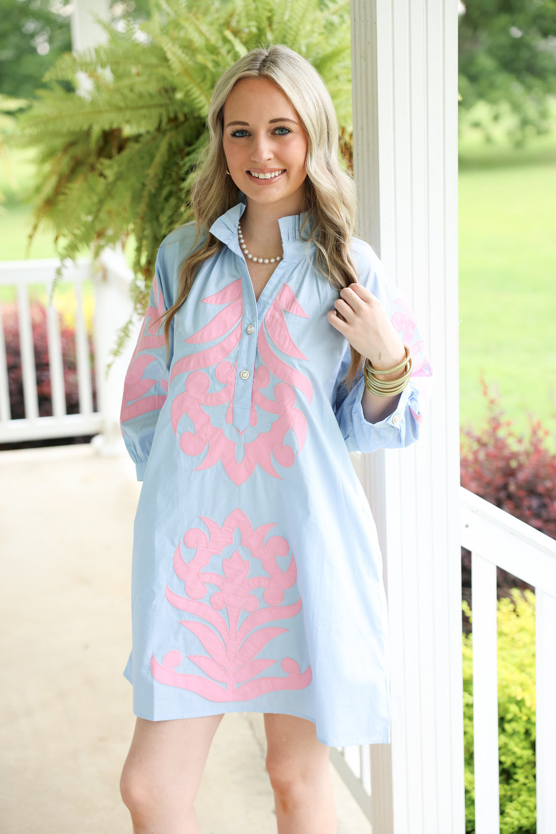 3/4 Sleeve Baroque Applique Detail Shift Dress Powder Blue Medium
