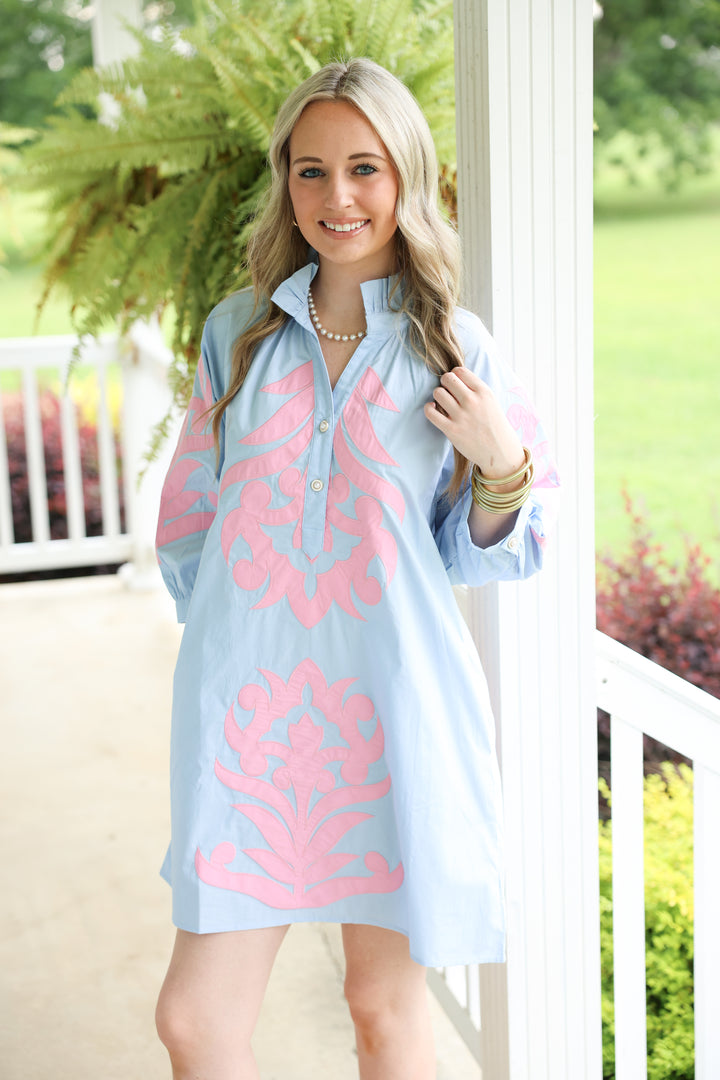 3/4 Sleeve Baroque Applique Detail Shift Dress "Powder Blue"