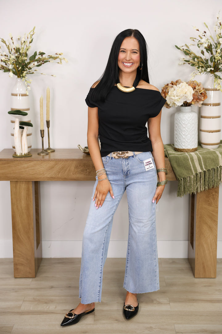 Ruched Asymmetric Neck Top "Black"