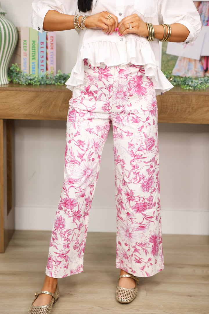 Flirty Floral Print Wide Leg Pants "Pink"