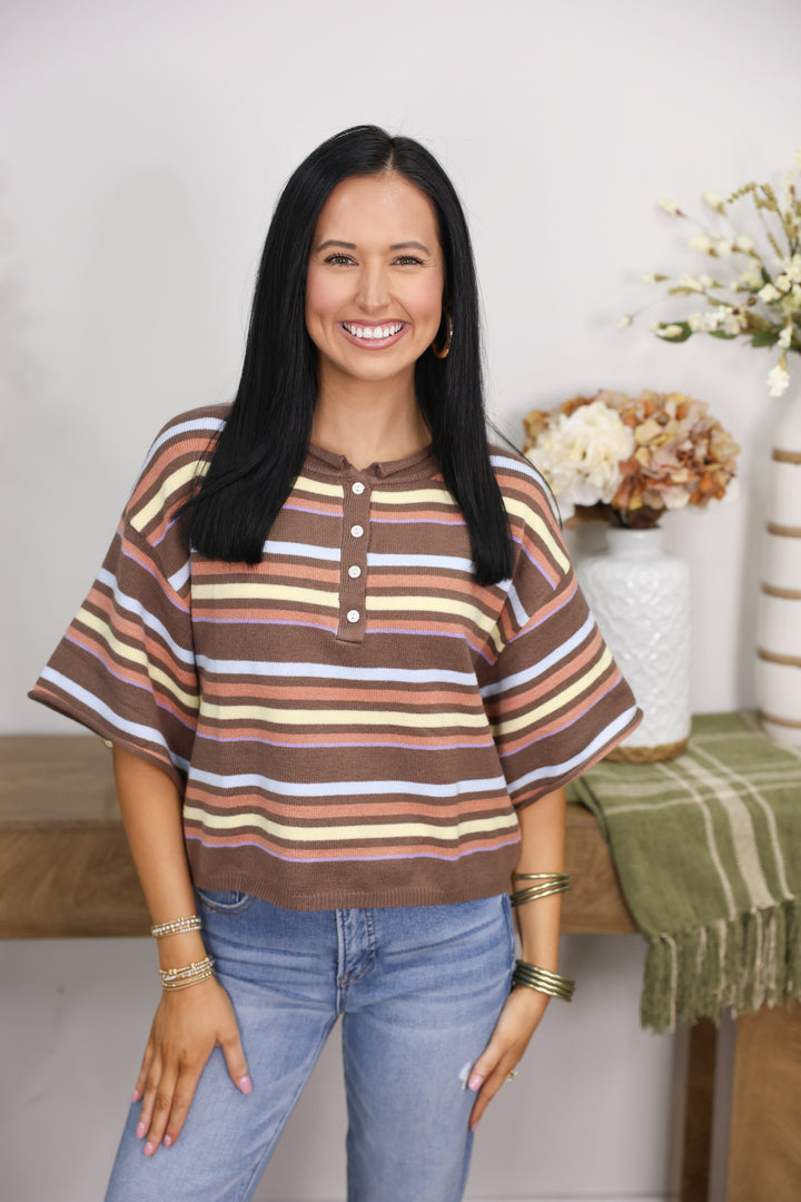 Striped Short Sleeve Sweater Knit Top "Brown Multi"