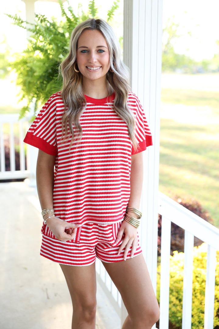 Striped Comfy Knit Top & Short Set "Red/White"