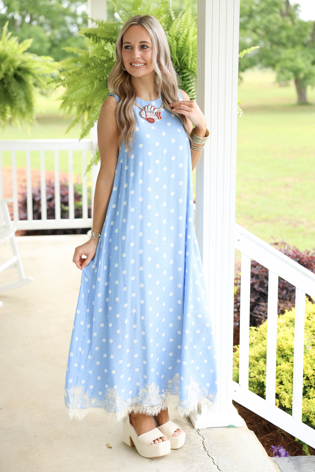 Polka Dot Sleeveless Midi Dress W/ Lace Trim Hem "Blue"