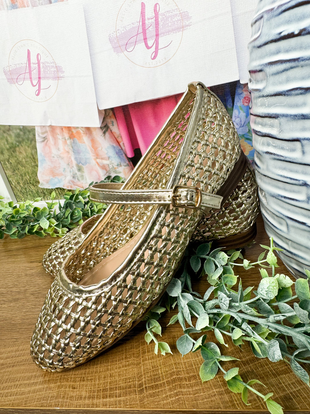 Woven Mary Jane Flats "Gold"